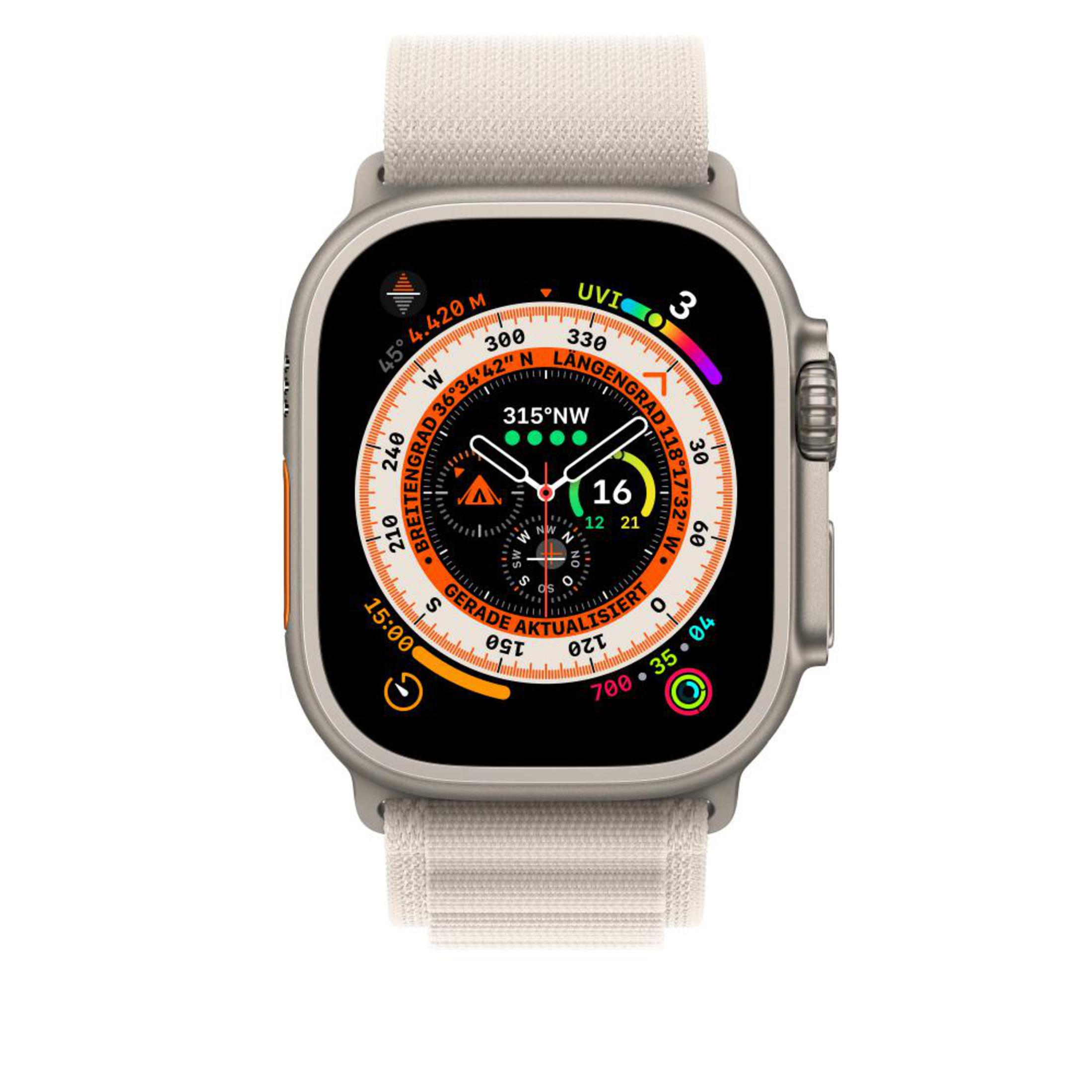Smartwatch with a light strap and a digital display showing time and data.