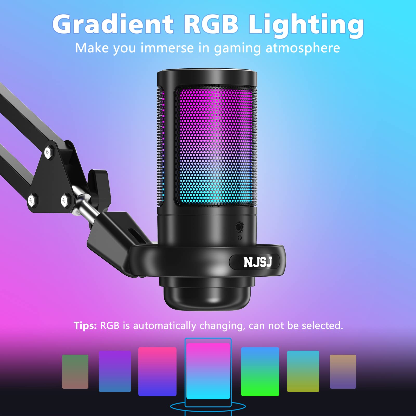 Schwarzes Mikrofon mit RGB-Beleuchtung auf einem Ständer. Text: Gradient RGB Lighting.