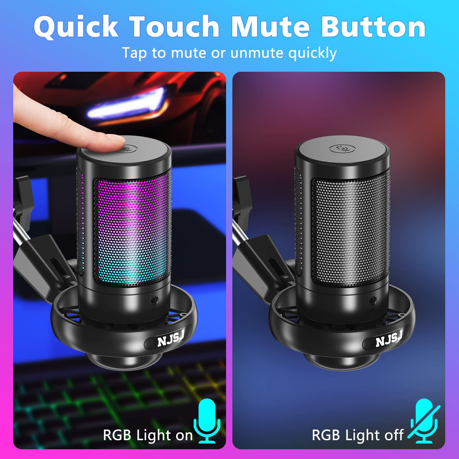 Nahaufnahme eines schwarzen Mikrofons mit RGB-Beleuchtung, mit Stummschalttaste. Die rechte Seite zeigt Licht aus.