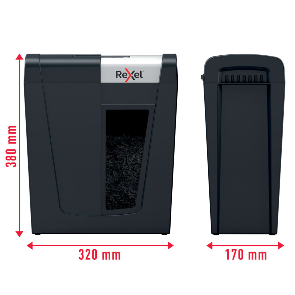 Un distruggidocumenti nero, con dimensioni: 380 mm di altezza, 320 mm di larghezza e 170 mm di profondità.