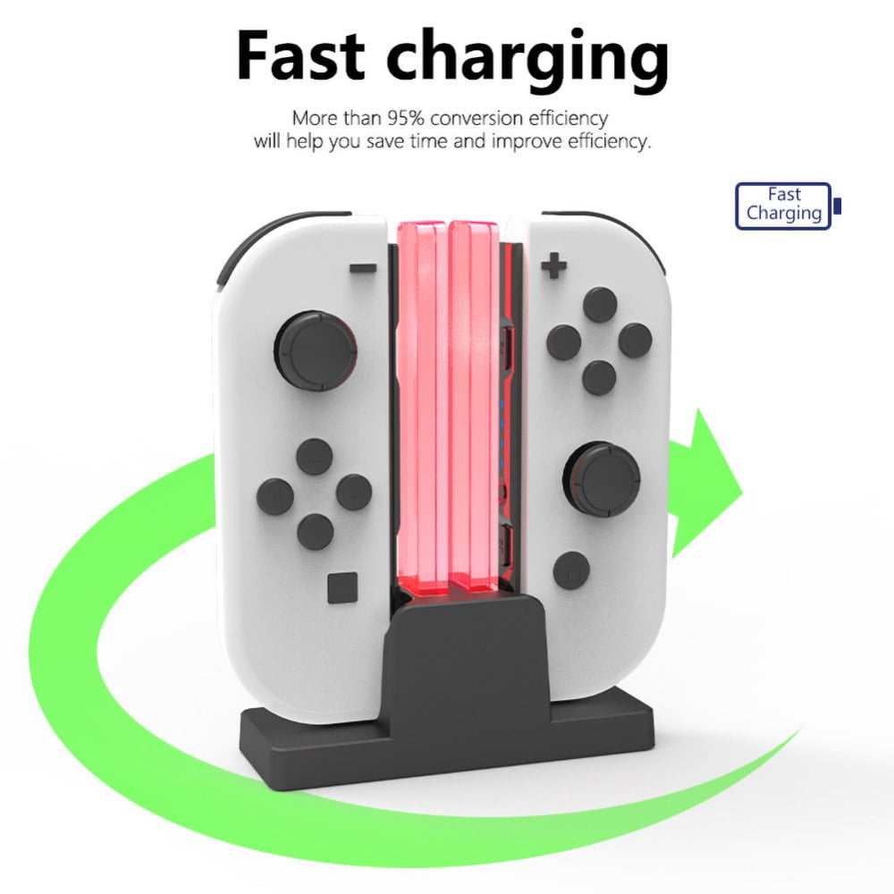 Weiße Controller-Dockingstation. Rotes Licht zeigt das Laden an. Text 'Fast charging'. Grüner Pfeil umgibt es.