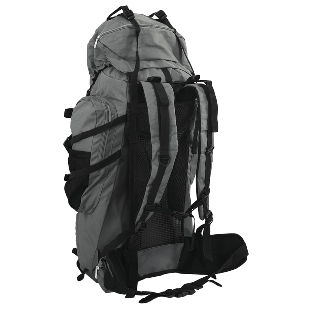 Ein großer grauer Rucksack, von hinten betrachtet.