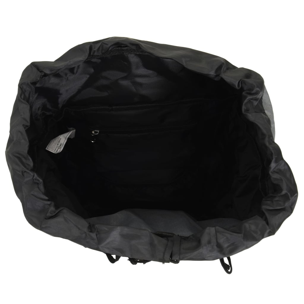 Offener schwarzer Rucksack, leer innen. Zeigt eine kleine Innentasche. Draufsicht.