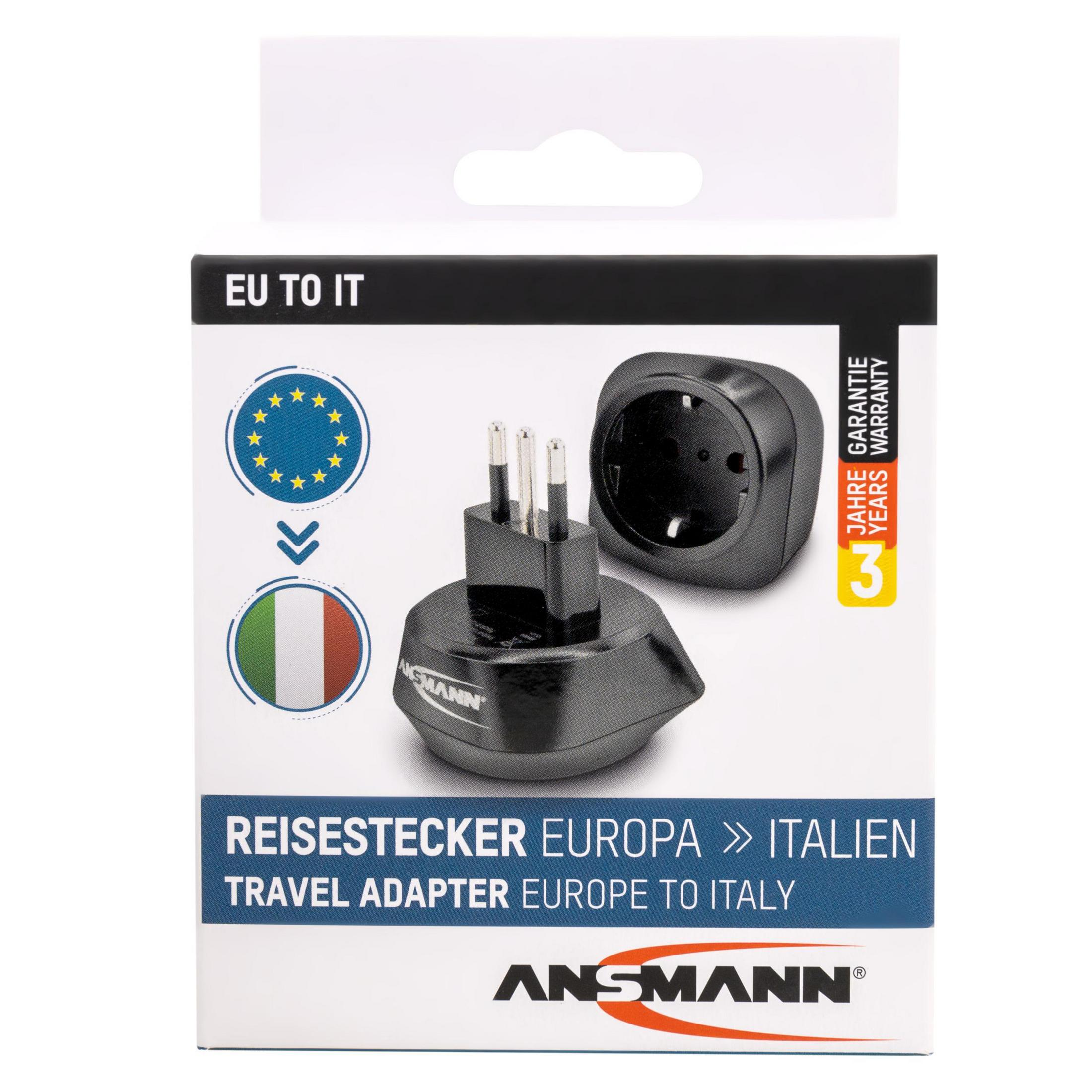 Scatola bianca con adattatore da viaggio da UE a Italia e marchio.