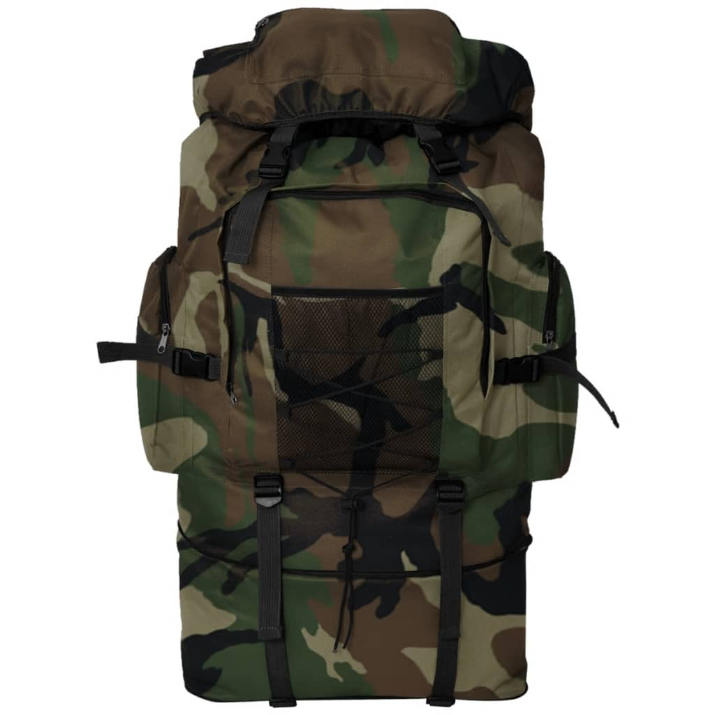 Ein großer Tarnrucksack mit mehreren Taschen, Gurten und einer Netztasche auf der Vorderseite.