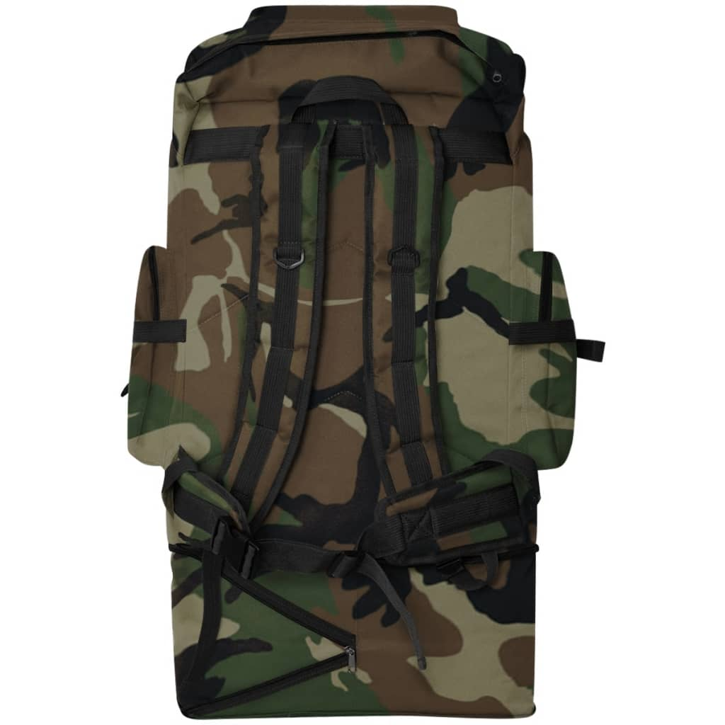 Tarnrucksack, Rückansicht, mit Riemen, Taschen und weißem Hintergrund.