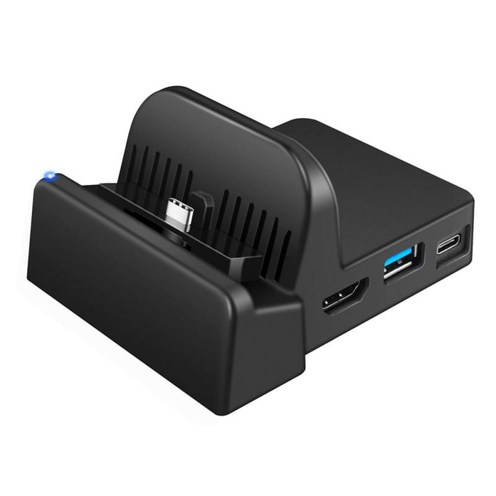 Schwarze Dockingstation mit USB- und HDMI-Anschlüssen. Es hat einen USB-C-Anschluss und eine blaue Kontrollleuchte.