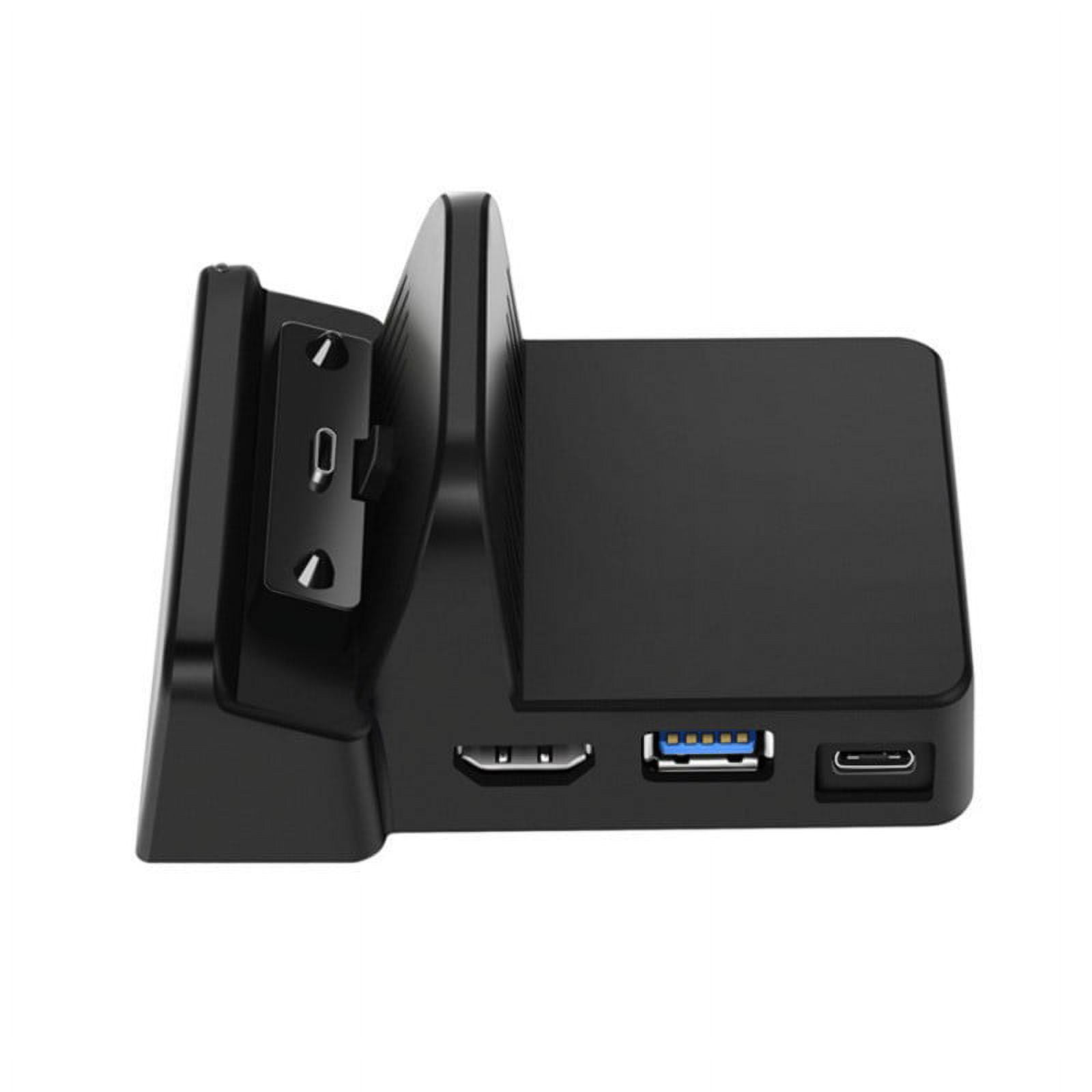 Schwarze Ladestation mit HDMI-, USB- und USB-C-Anschlüssen. Sie hat einen Ständer für ein Gerät.
