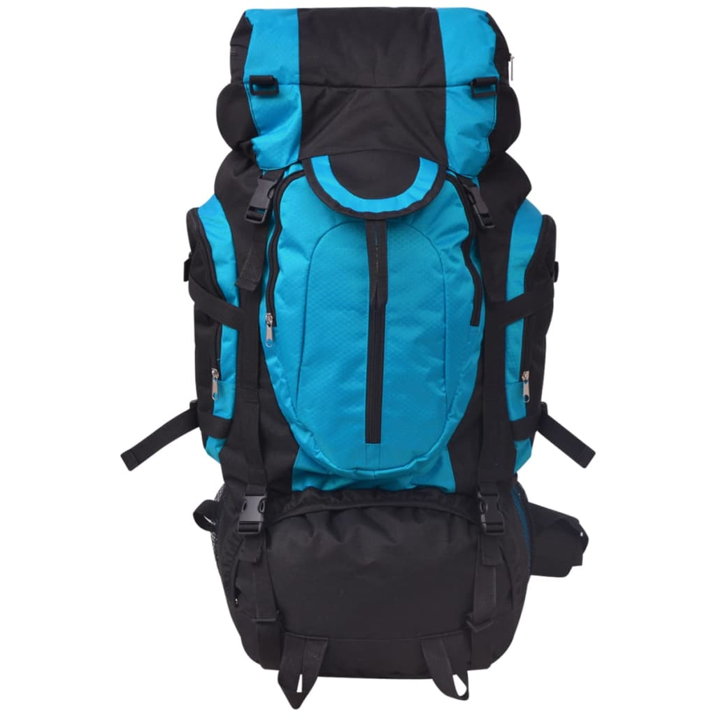 Ein großer blauer und schwarzer Rucksack. Er hat viele Taschen, Gurte und Schnallen für den Außenbereich.