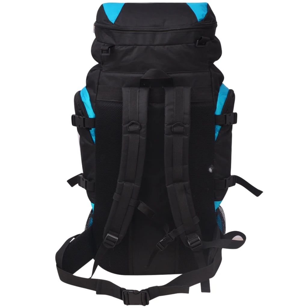 Schwarzer und blauer Rucksack mit mehreren Gurten und Schnallen. Blaue Akzente. Weißer Hintergrund.