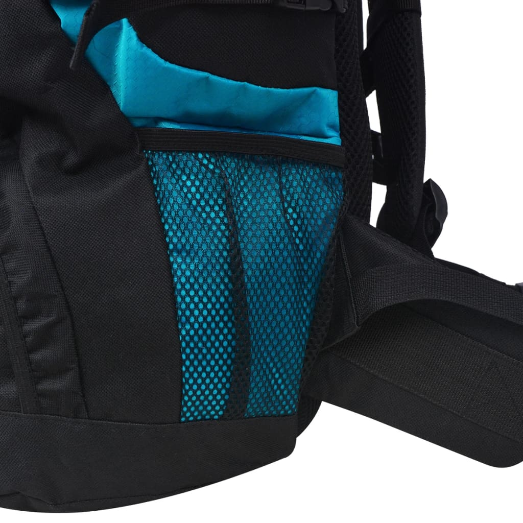 Nahaufnahme eines schwarzen Rucksacks mit türkisfarbener Netztasche.