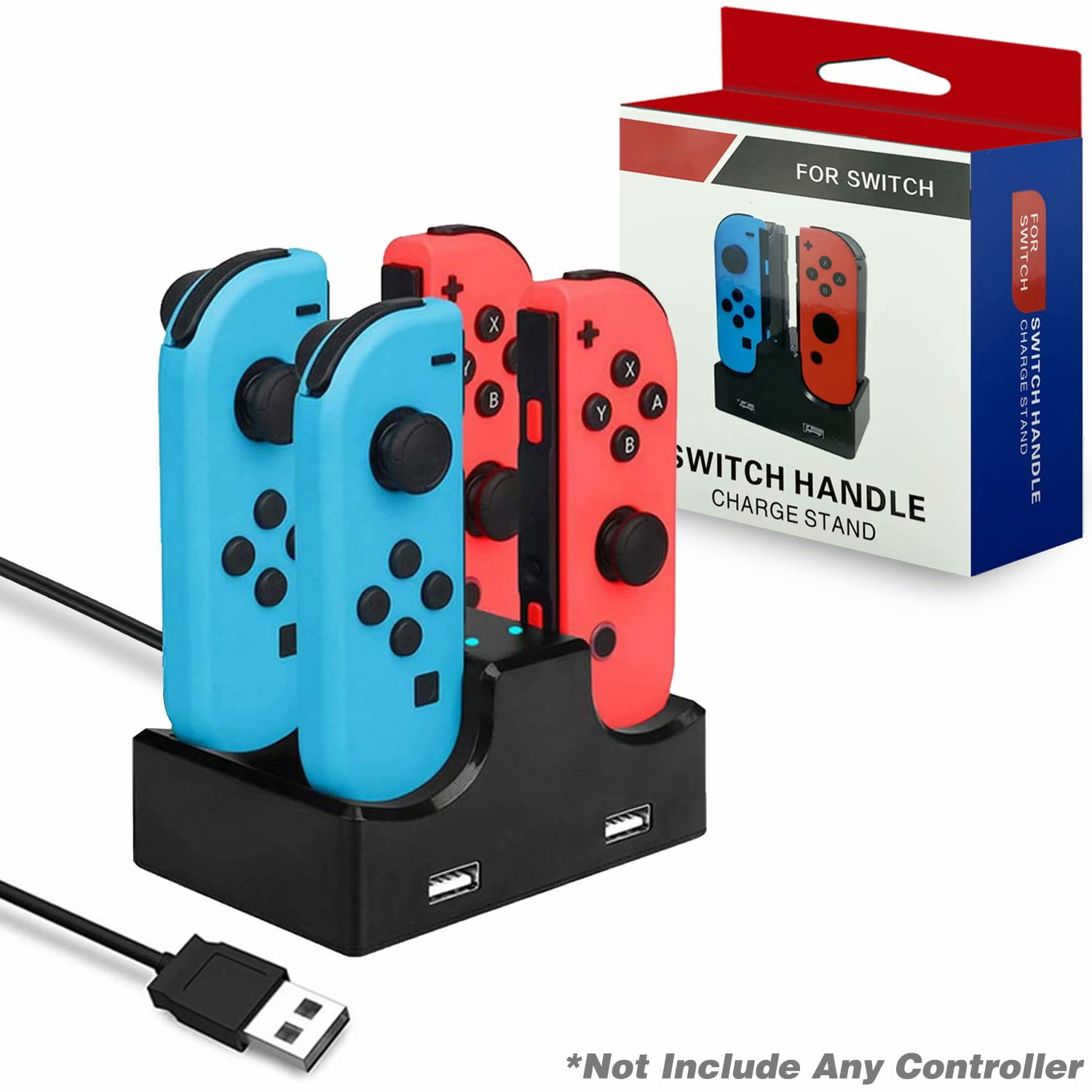 Eine Ladestation für Gamecontroller. Blaue und rote Controller sind eingesetzt. Weißer Hintergrund.
