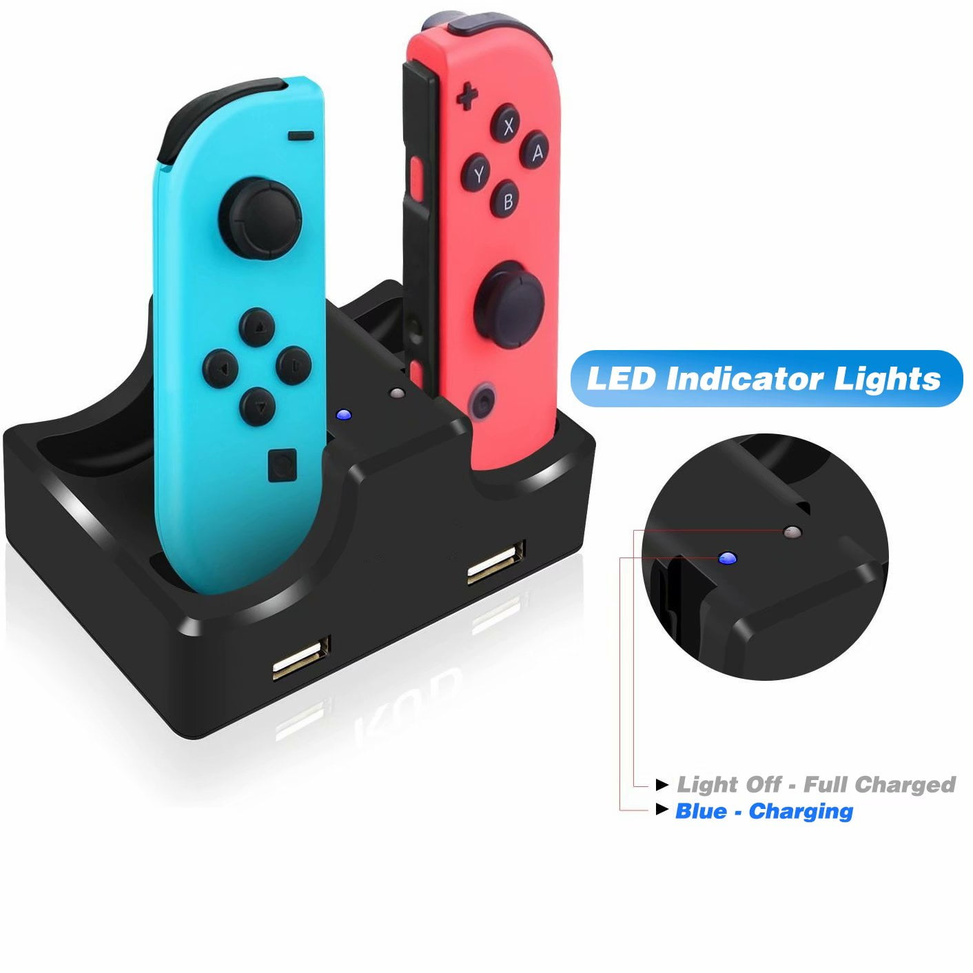 Schwarze Ladestation für Switch Joy-Cons. Hat USB-Anschlüsse und blaue LED-Anzeigen, die den Ladestatus anzeigen.