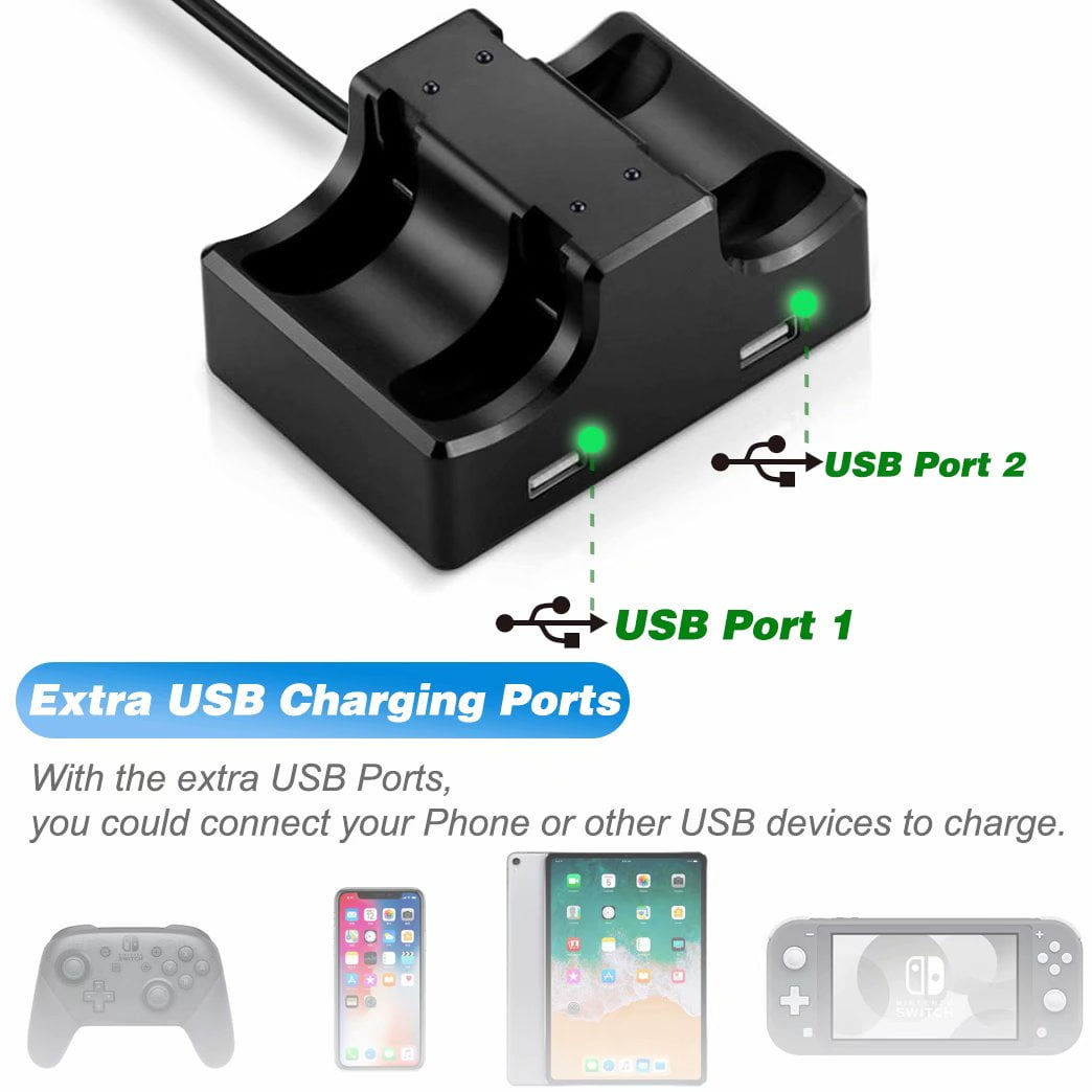 Schwarze Ladestation. Zwei USB-Anschlüsse und ein Diagramm. Enthält Controller, Telefone und Tablets.