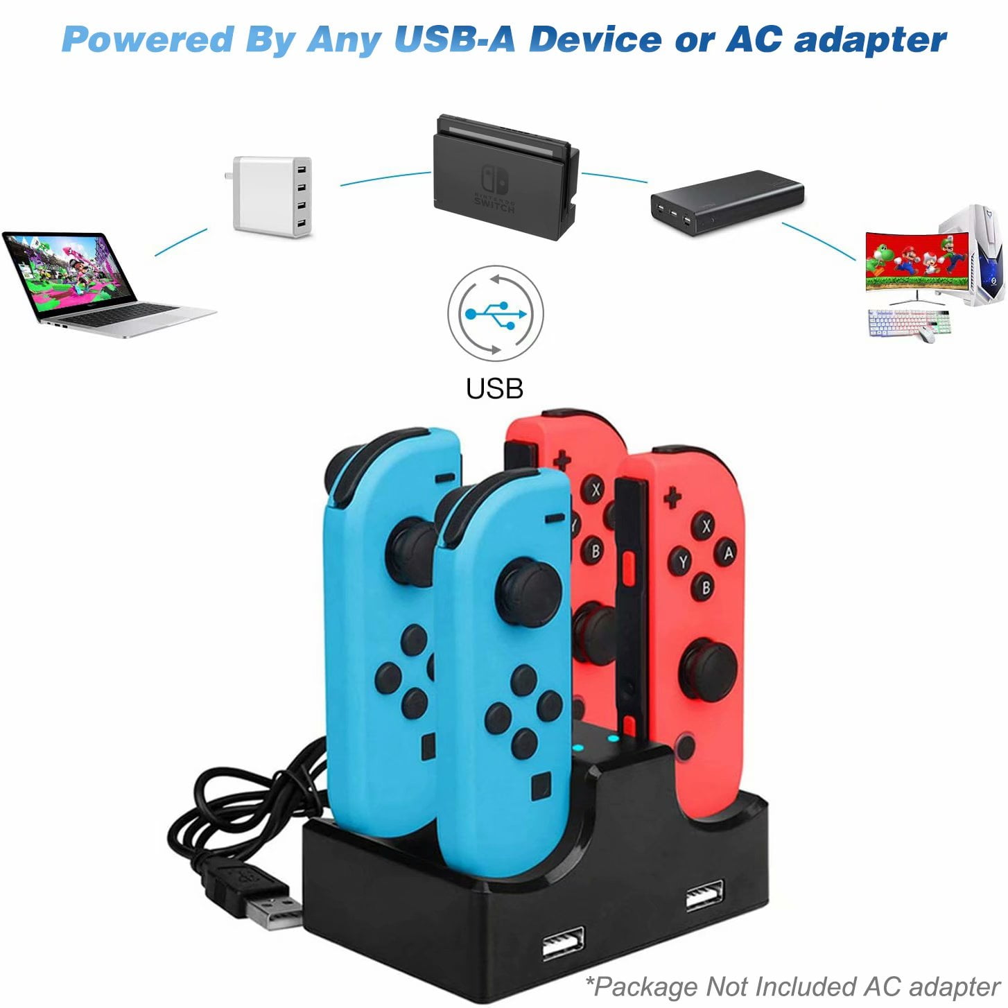 Blaue und rote Gamecontroller mit schwarzer Ladestation und angeschlossenen Geräten.