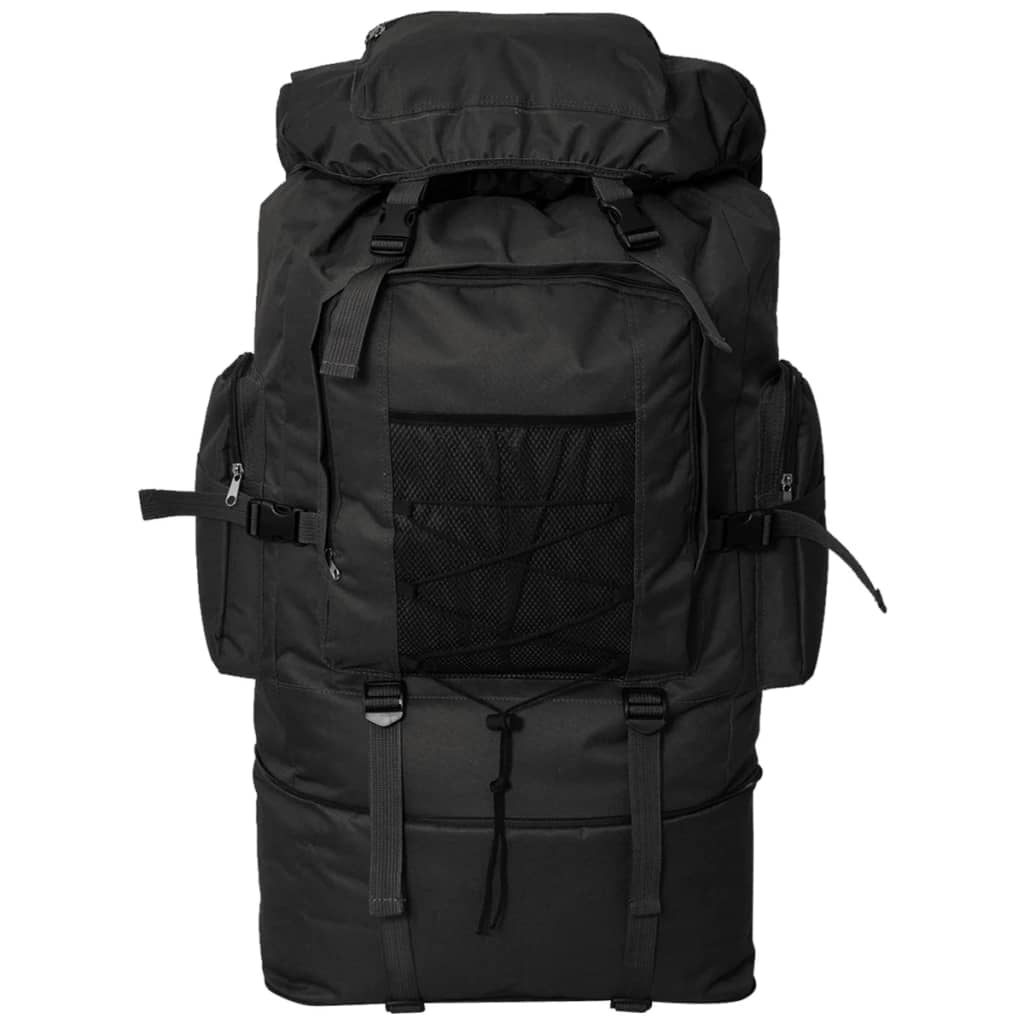 Schwarzer Rucksack mit mehreren Fächern, Riemen und oberer Klappe. Mit Seitentaschen und Netz-Fronttasche.