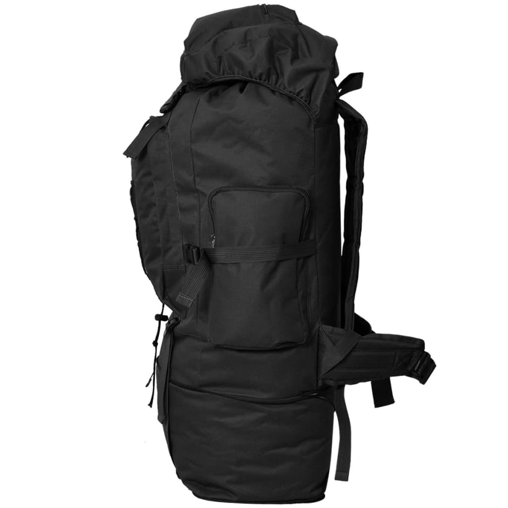Schwarzer Rucksack mit mehreren Taschen und Gurten, Seitenansicht, weißer Hintergrund.