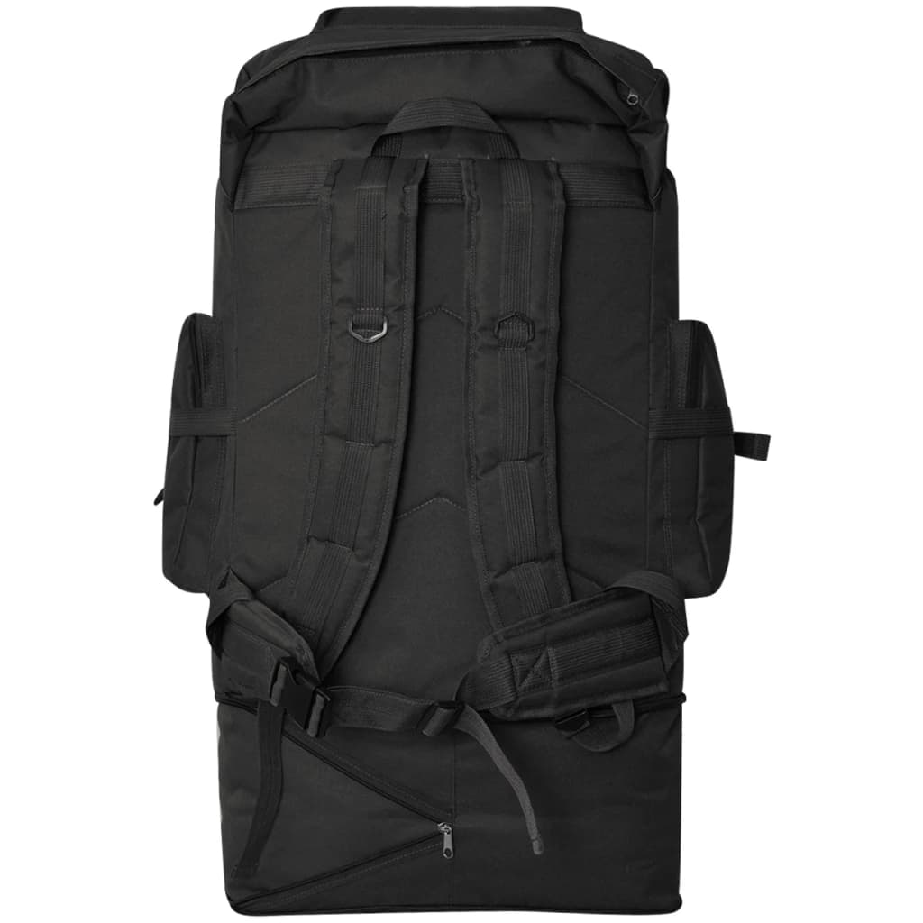 Schwarzer Rucksack mit mehreren Riemen und Taschen. Rückansicht. Reißverschluss unten und verstellbare Riemen.