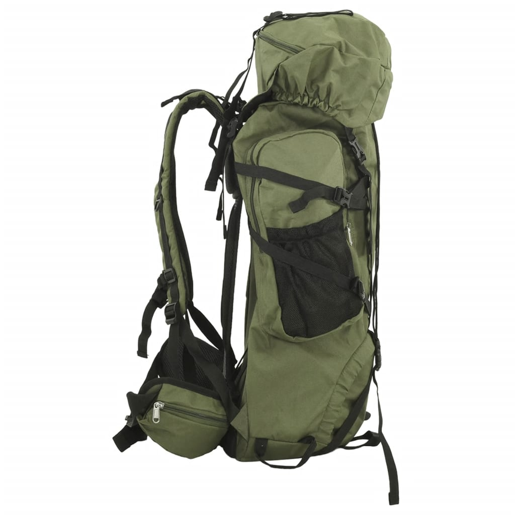Grüner Rucksack mit mehreren Fächern, Riemen und oberer Klappe. Mit Seiten- und vorderen Netztaschen.