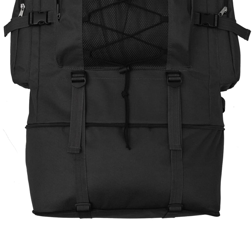 Nahaufnahme eines schwarzen Rucksacks mit mehreren Taschen und Riemen. Oberteil mit Reißverschlüssen und Mesh.