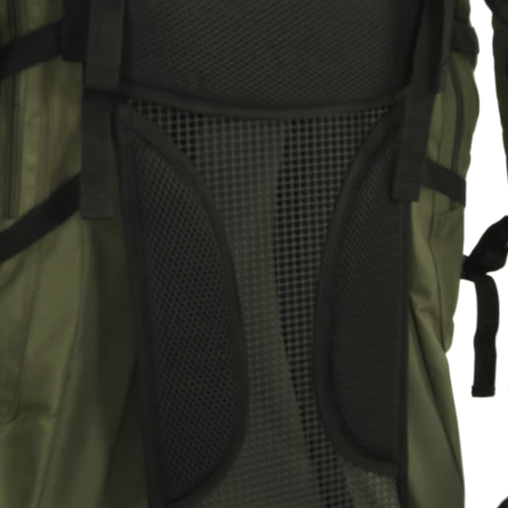 Nahaufnahme der Rückseite eines grünen Rucksacks. Mesh und schwarze Trägerdetails.