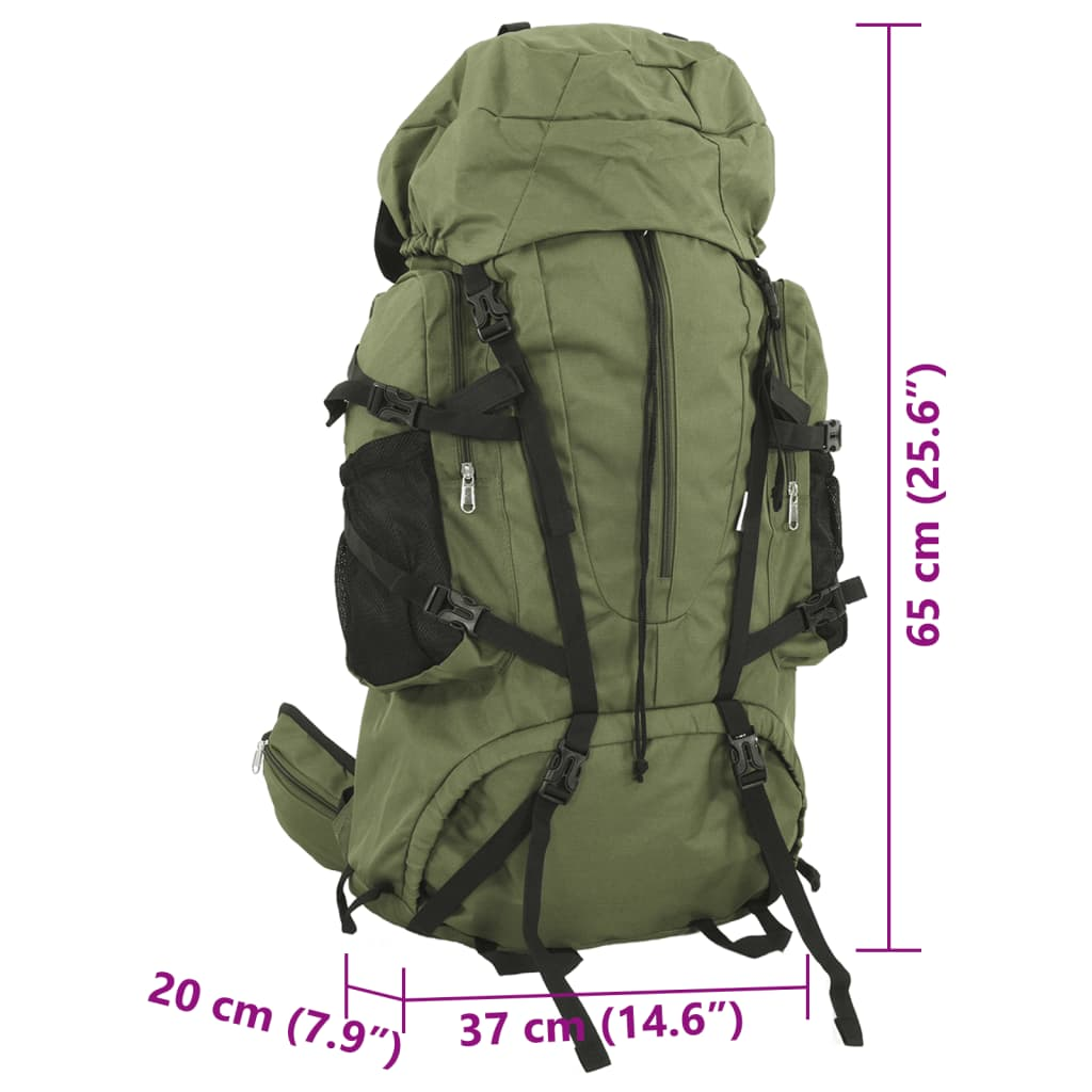 Ein olivgrüner Rucksack mit mehreren Riemen und Schnallen, Maße in cm und Zoll.
