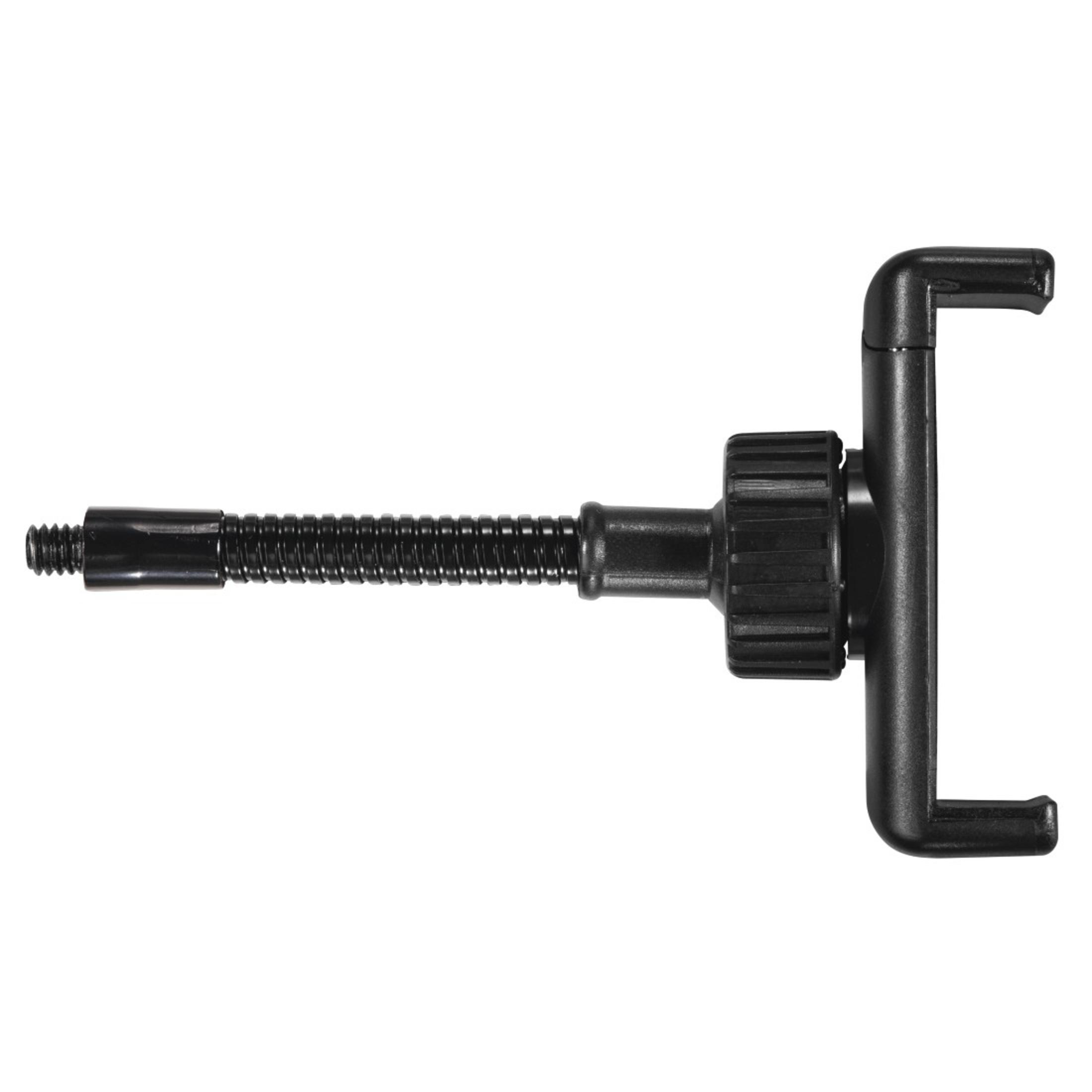 Czarny elastyczny uchwyt do telefonu, ze śrubą mocującą i uchwytem do telefonu. Tło białe.