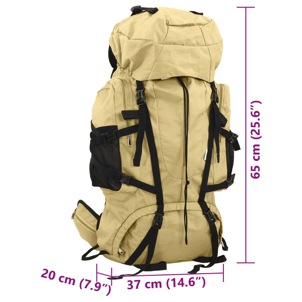Ein beiger Rucksack mit den Maßen: 65 cm Höhe, 20 cm Breite, 37 cm Tiefe.