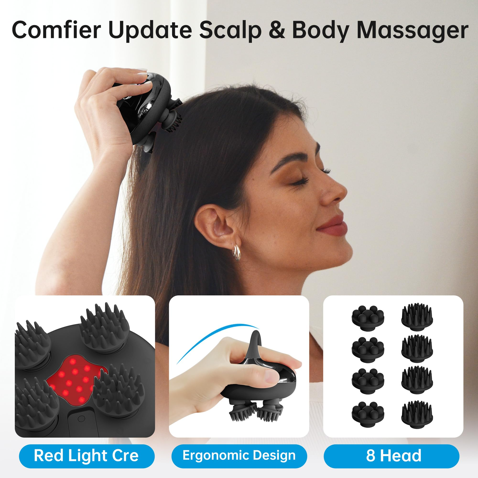 Frau benutzt ein Kopfmassagegerät. Displays zeigen auch das Design des Massagegeräts und die Aufsätze.