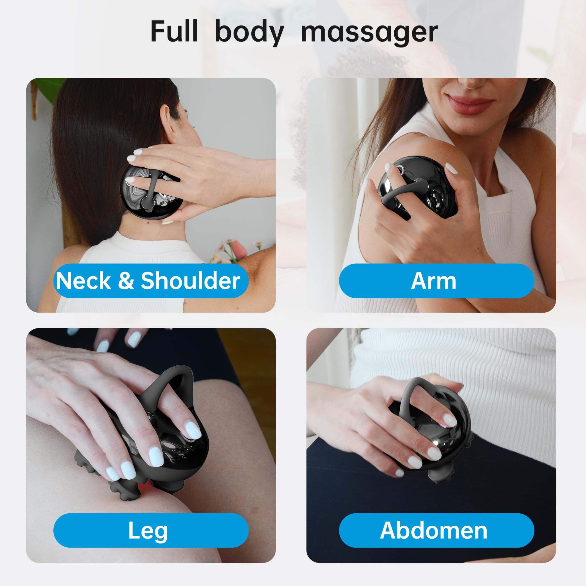 Das Bild zeigt ein Ganzkörpermassagegerät, das an Nacken, Arm, Bein und Bauch verwendet wird.