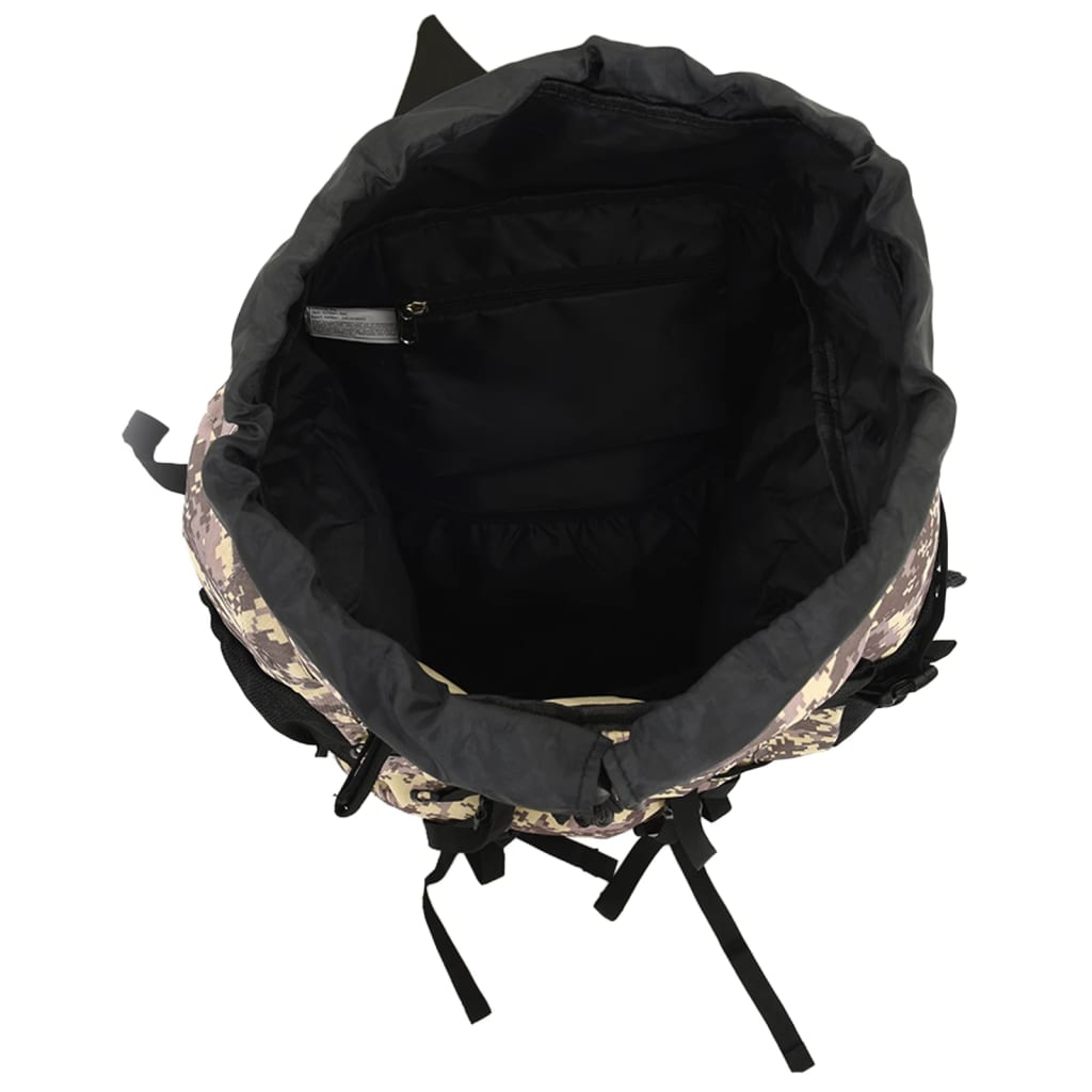 Von oben betrachteter, offener Tarnrucksack. Schwarzes Innenfutter und Riemen.