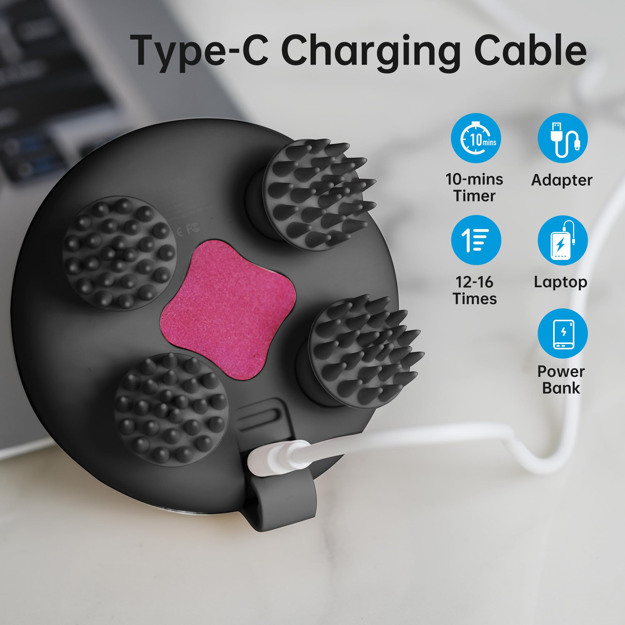 Ein schwarzes Massagegerät mit Ladekabel und Symbolen für Timer, Adapter und Powerbank.