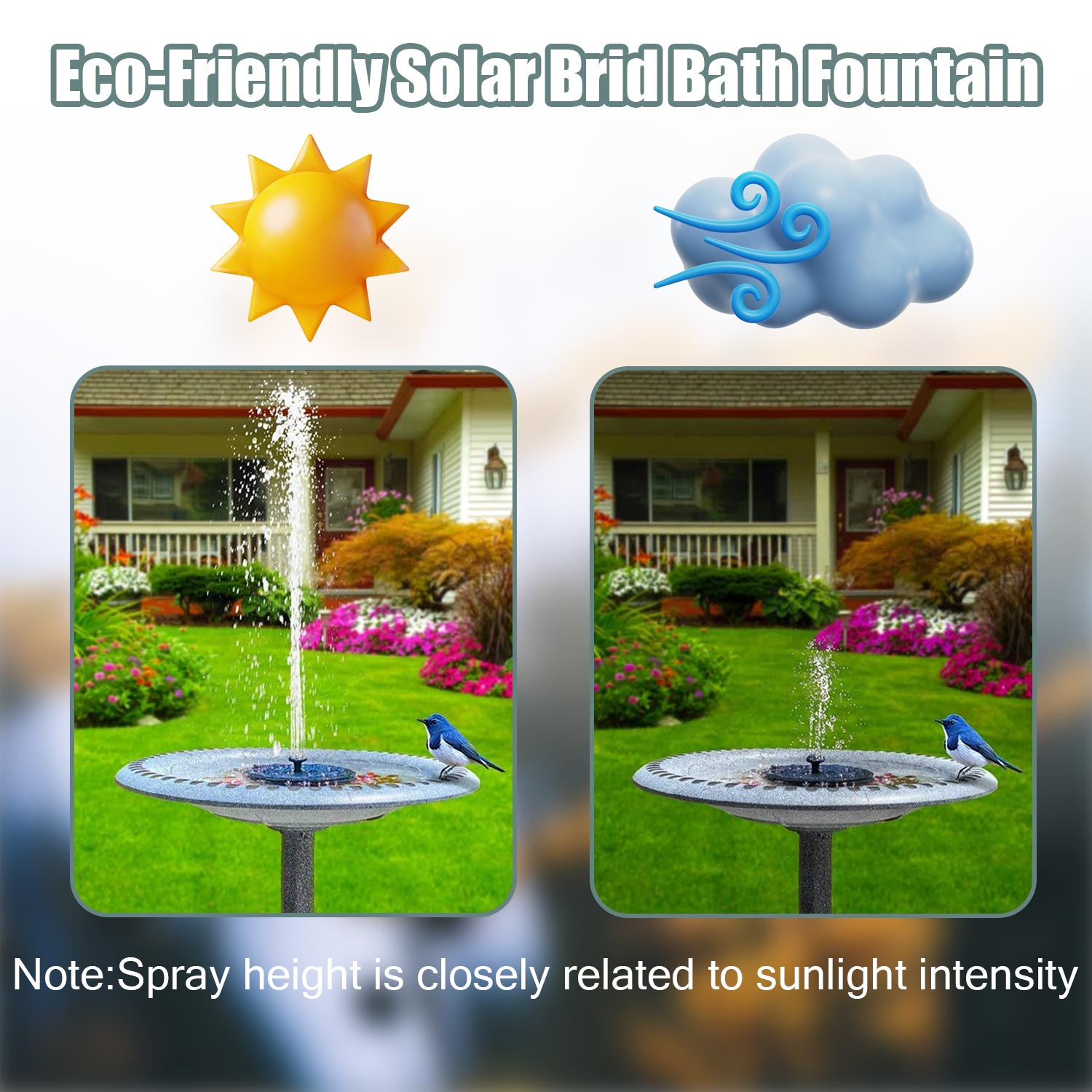 Solar-Vogelbad-Brunnen mit zwei Abschnitten, Sonnen- und Wolkensymbolen und Häusern im Hintergrund.