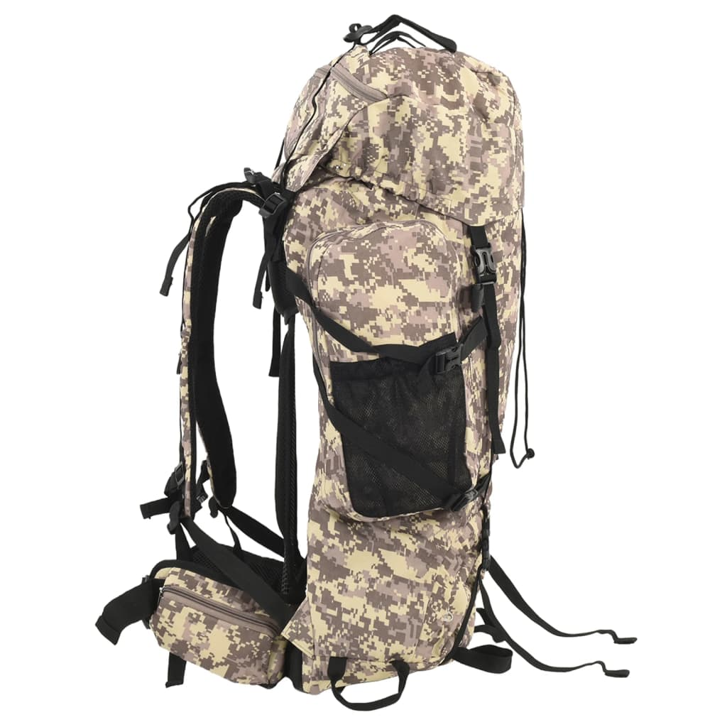 Tarnrucksack mit mehreren Fächern, schwarzen Riemen und Schnallen. Beige- und Brauntöne.