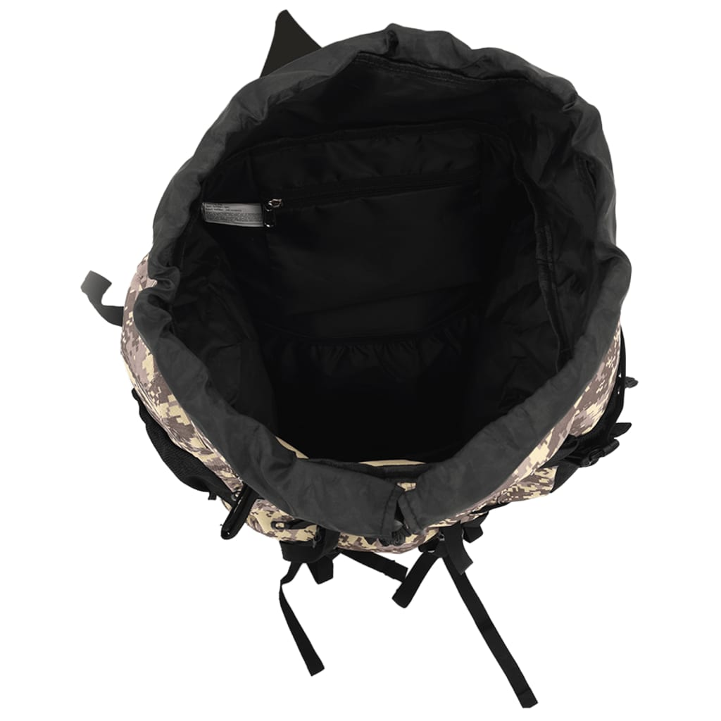 Offener Camouflage-Rucksack. Die Innenseite ist schwarz. Es sind Kordelzüge und Riemen sichtbar.