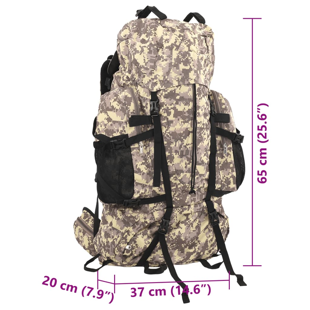 Camouflage-Rucksack mit Abmessungen. Er hat Taschen, Träger und eine große Kapazität.