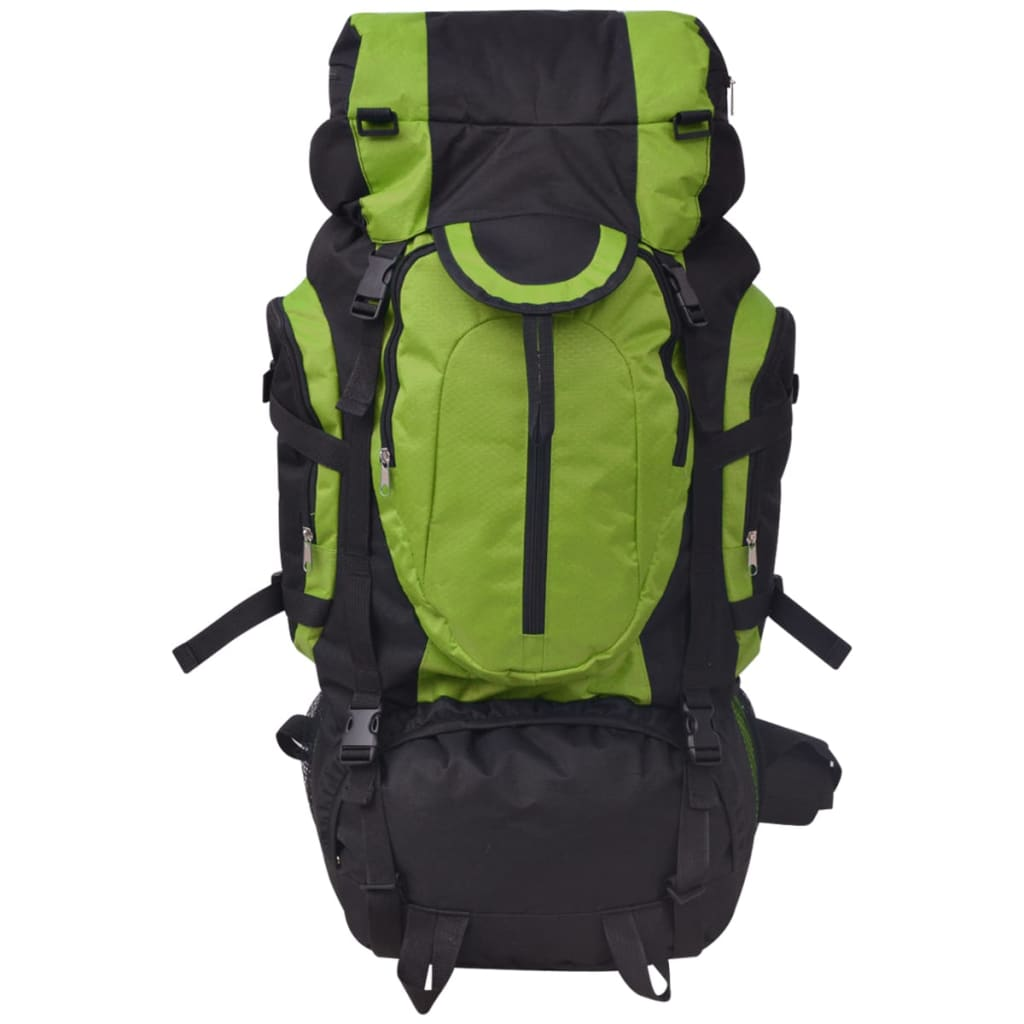 Großer schwarz-grüner Rucksack mit mehreren Fächern und Gurten, auf weißem Hintergrund.