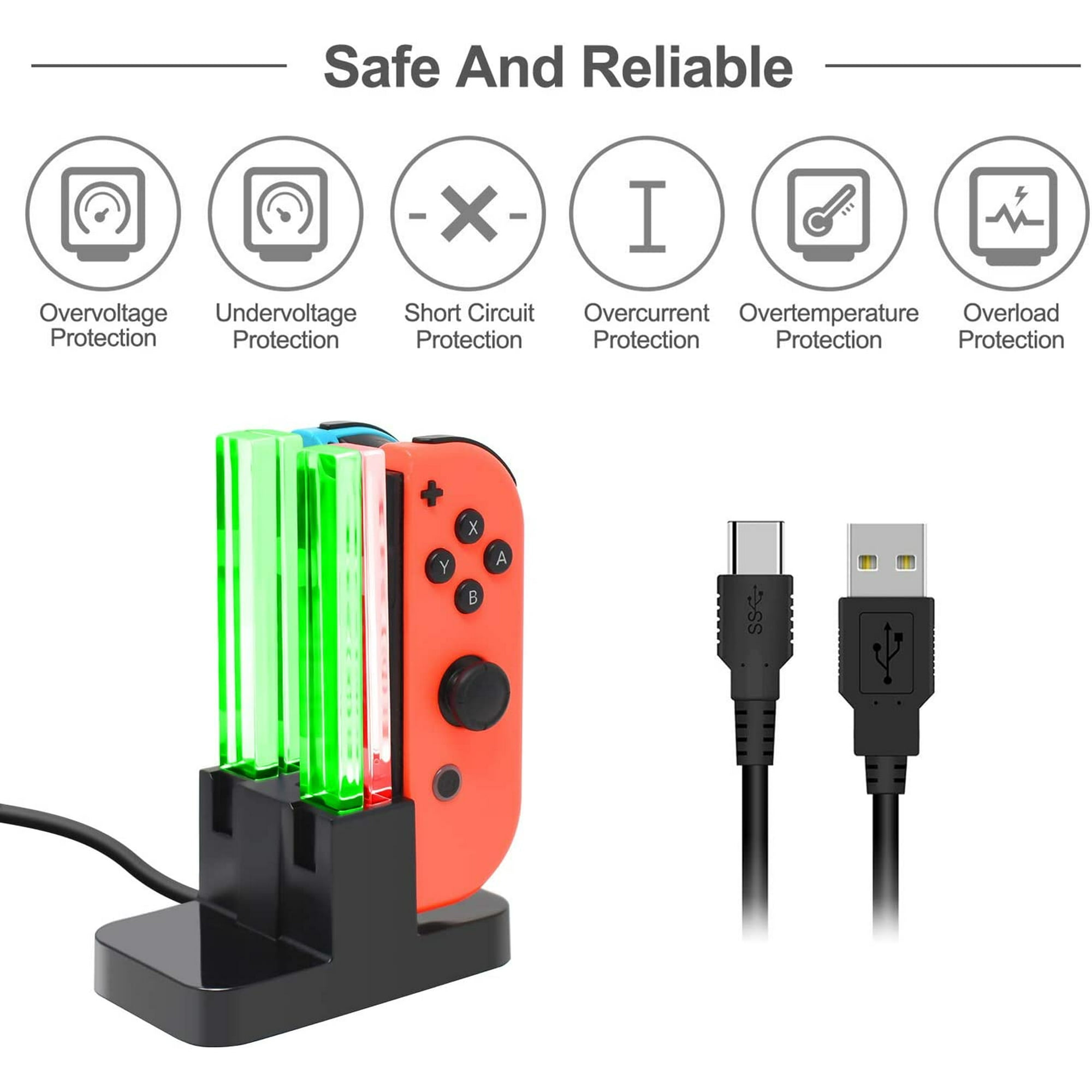 Ladestation mit Switch-Controllern, die den Ladestatus anzeigen, und USB-Kabeln.