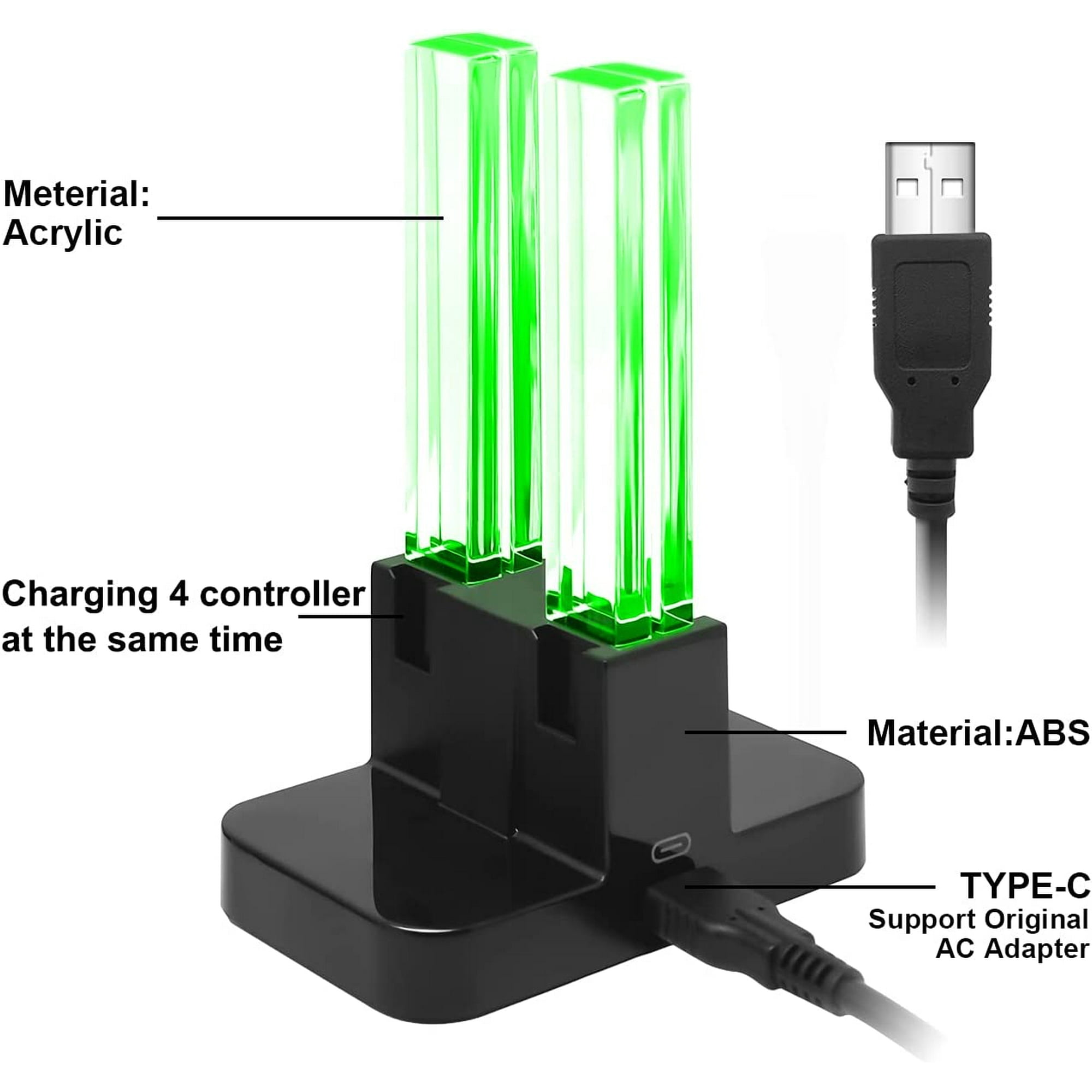 Ladestation für Controller. Schwarze Basis mit grünen Lichtern. USB-Kabel.
