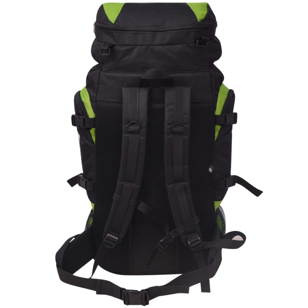 Schwarzer und grüner Rucksack mit mehreren Fächern, Riemen und Schnallen. Rückansicht.