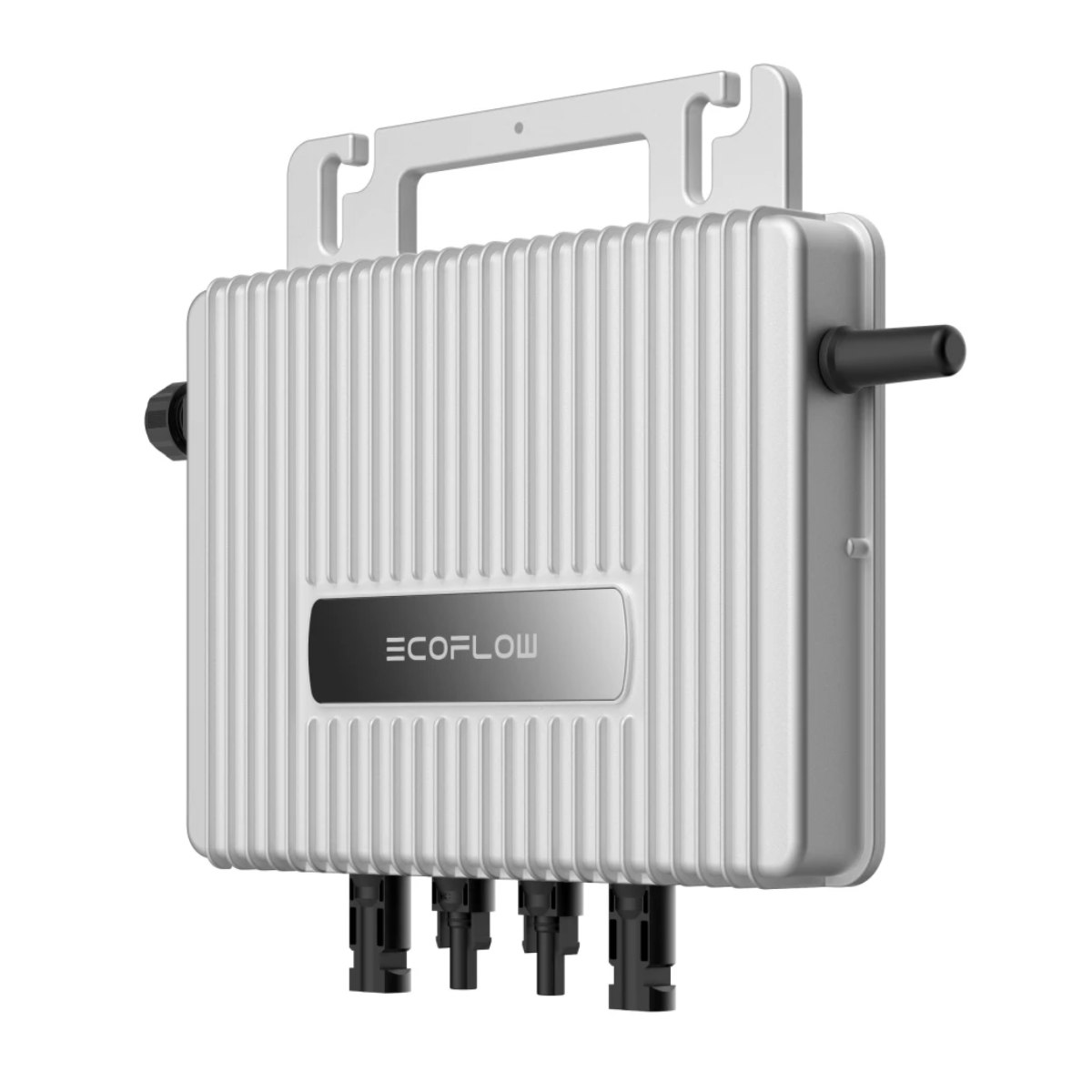 Silberner EcoFlow Mikro-Wechselrichter mit Griff und mehreren schwarzen Anschlüssen.