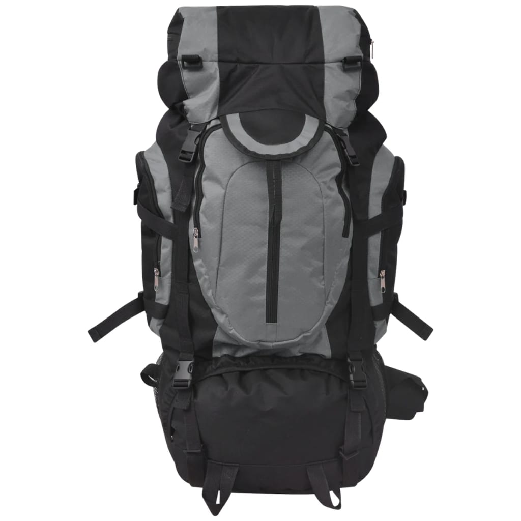 Großer Rucksack, schwarz und grau, mit mehreren Fächern und Riemen, isoliert auf Weiß.
