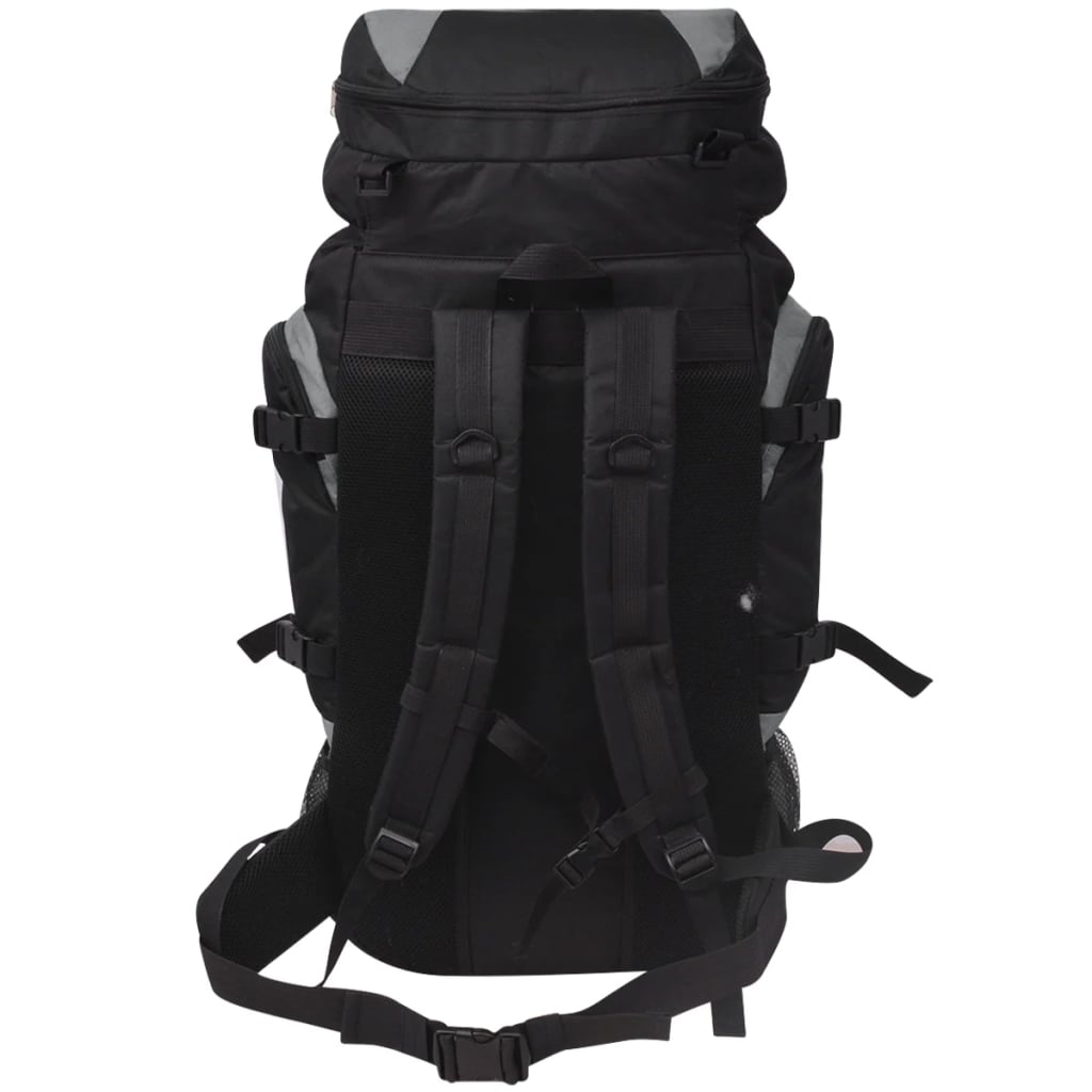 Rückansicht eines schwarzen und grauen Rucksacks mit Riemen, isoliert auf weißem Hintergrund.