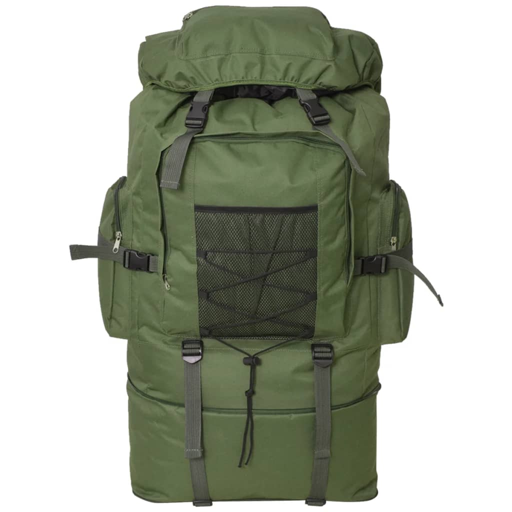 Grüner Outdoor-Rucksack mit mehreren Taschen und Riemen, schwarzem Mesh auf dem Rücken, weißer Hintergrund.