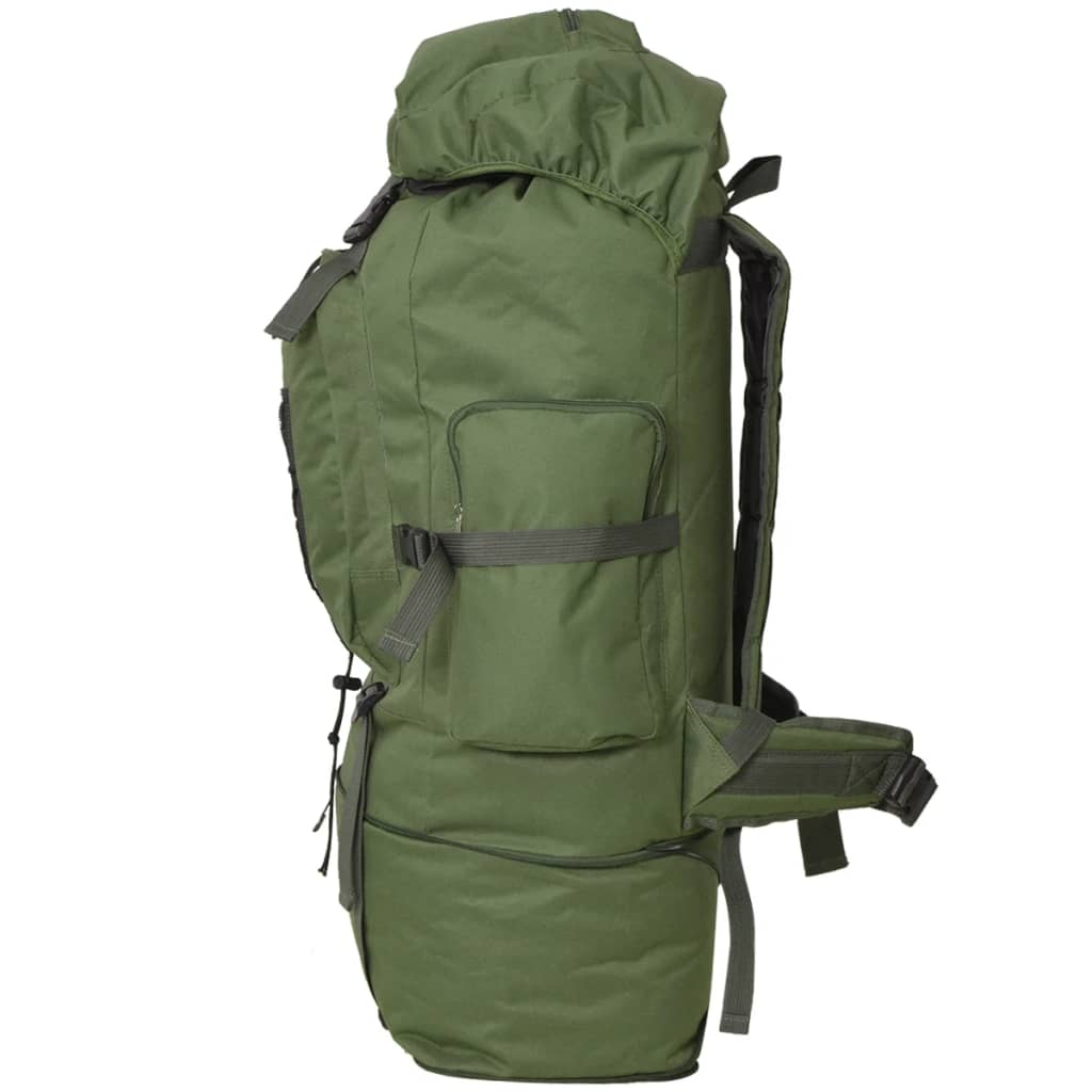 Ein olivgrüner Rucksack. Er hat mehrere Fächer und Riemen. Er hat eine große Kapazität.