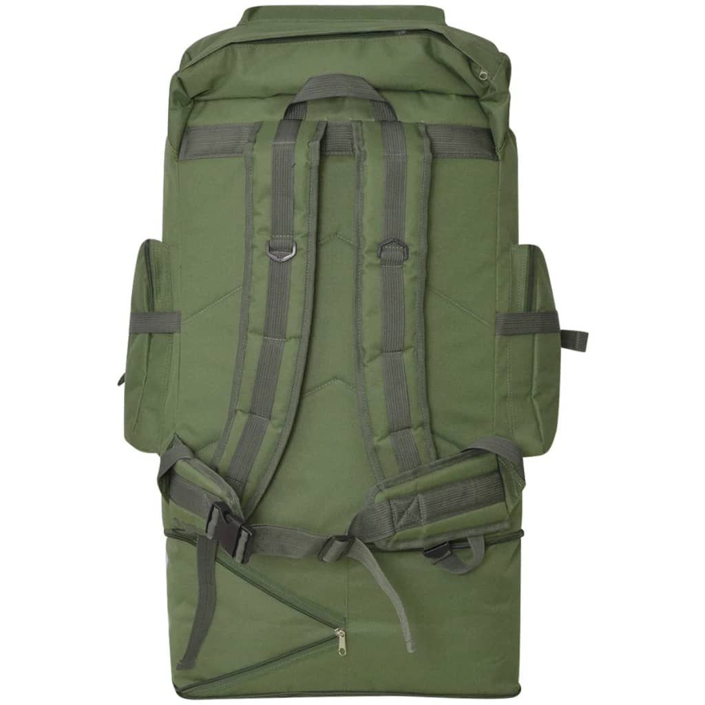 Grüner Rucksack mit Gurten und Taschen von hinten. Enthält Reißverschluss und Schnallen.