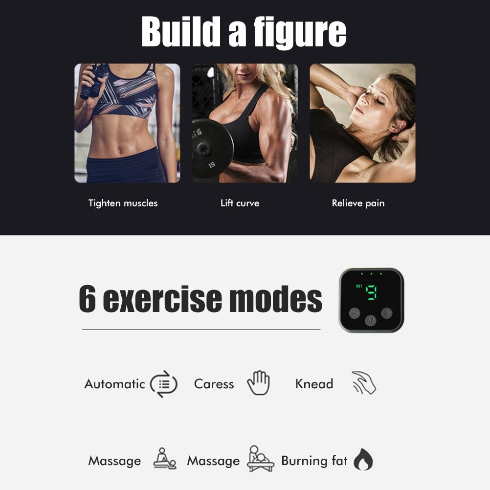 Bild, das 3 Frauen beim Training und einen elektronischen Muskelstimulator mit Trainingsmodi zeigt.