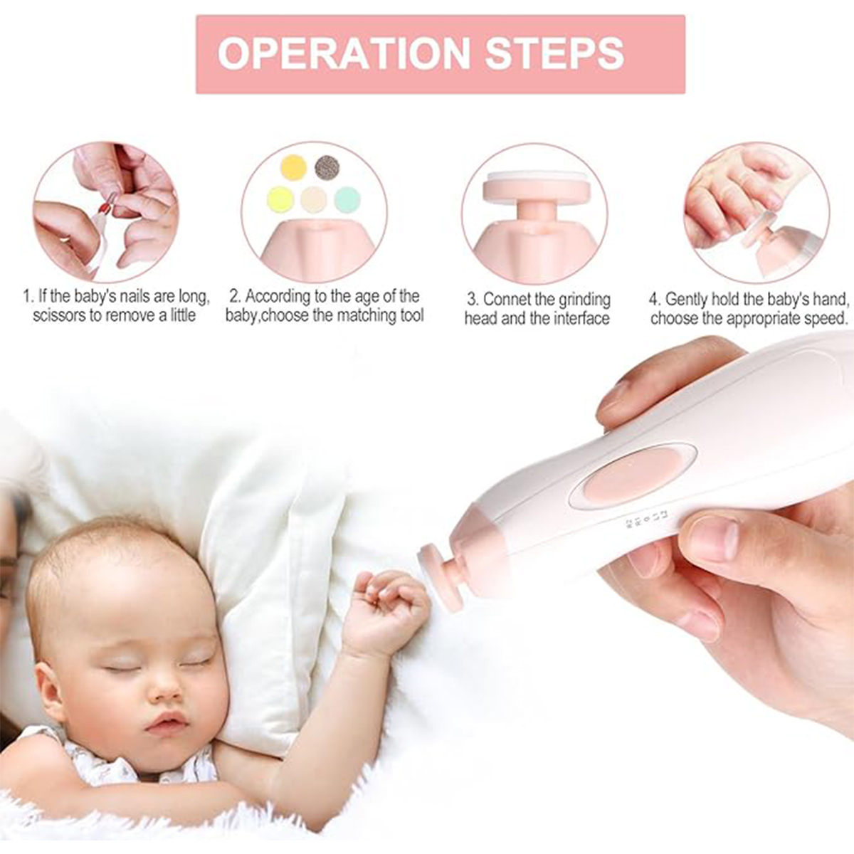 Schritte zur Verwendung eines Baby-Nageltrimmers. Bilder zeigen Nageltrimmer mit Baby.