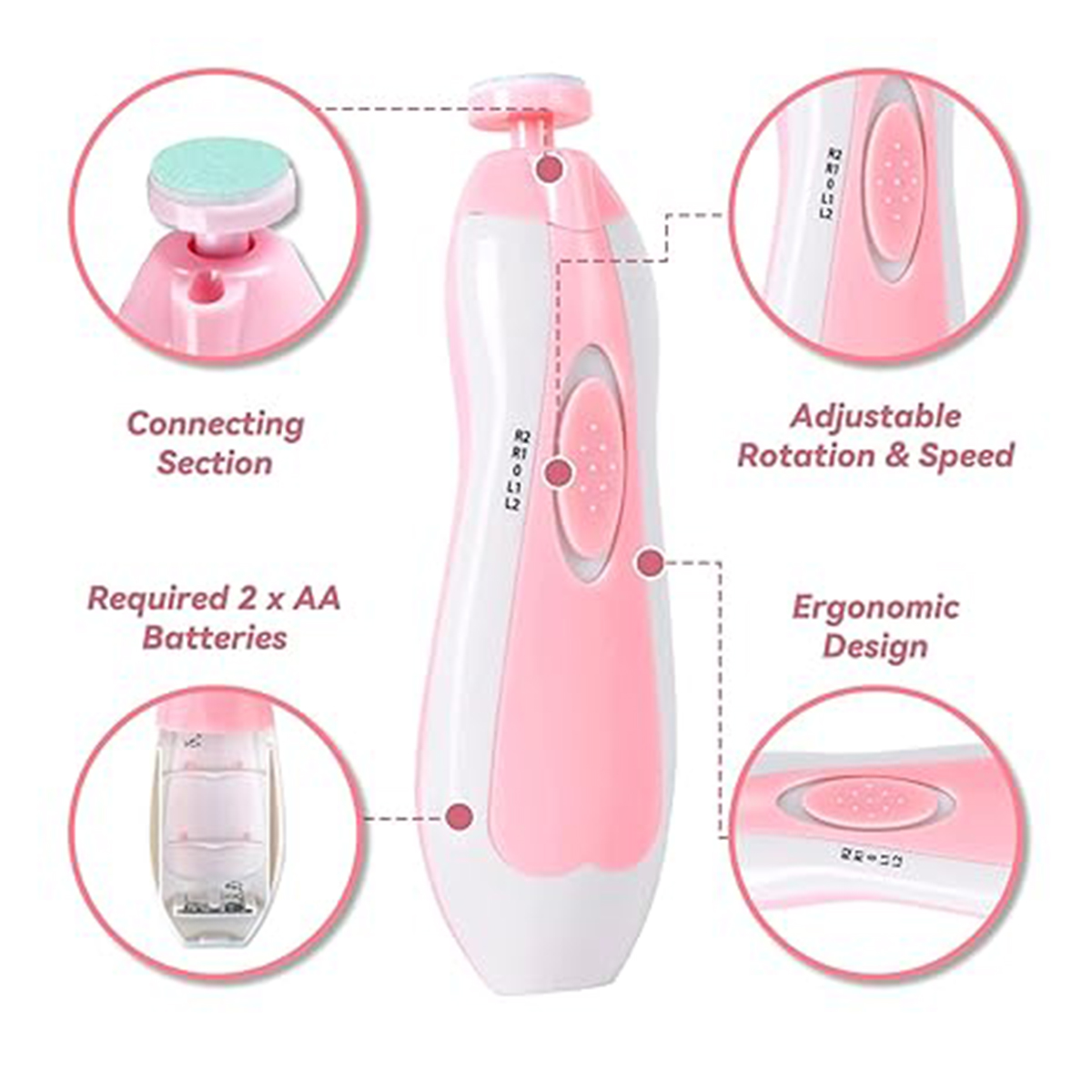 Rosa und weißer Baby-Nageltrimmer mit Details: Batterie, Geschwindigkeit und ergonomisches Design.