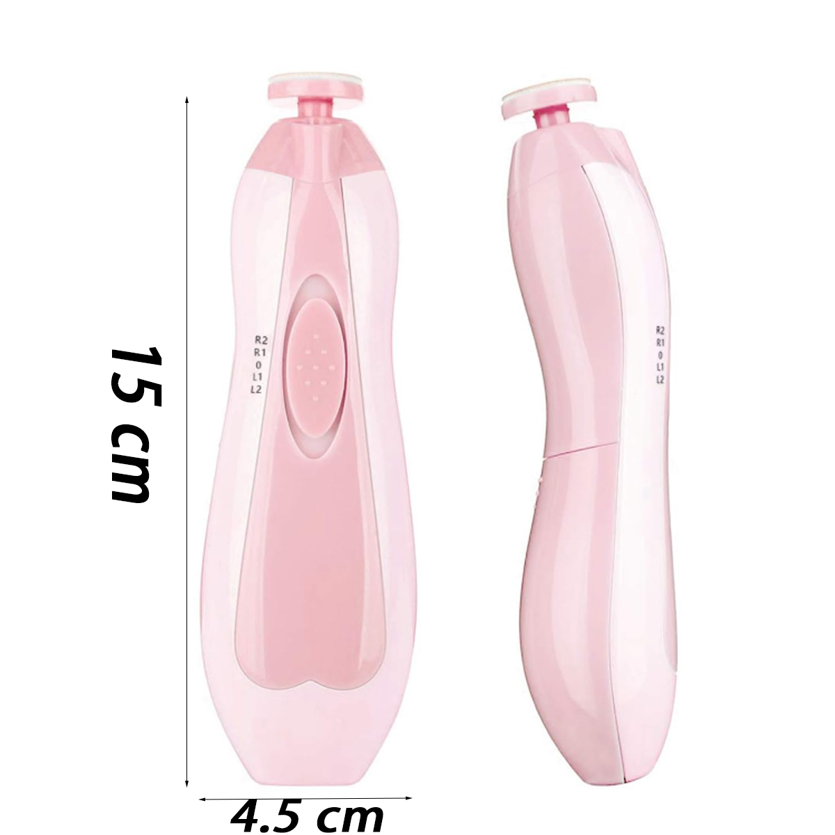 Zwei rosa Nagelknipser, eine gerade Ansicht und eine Seitenansicht, mit Maßen in Zentimetern.